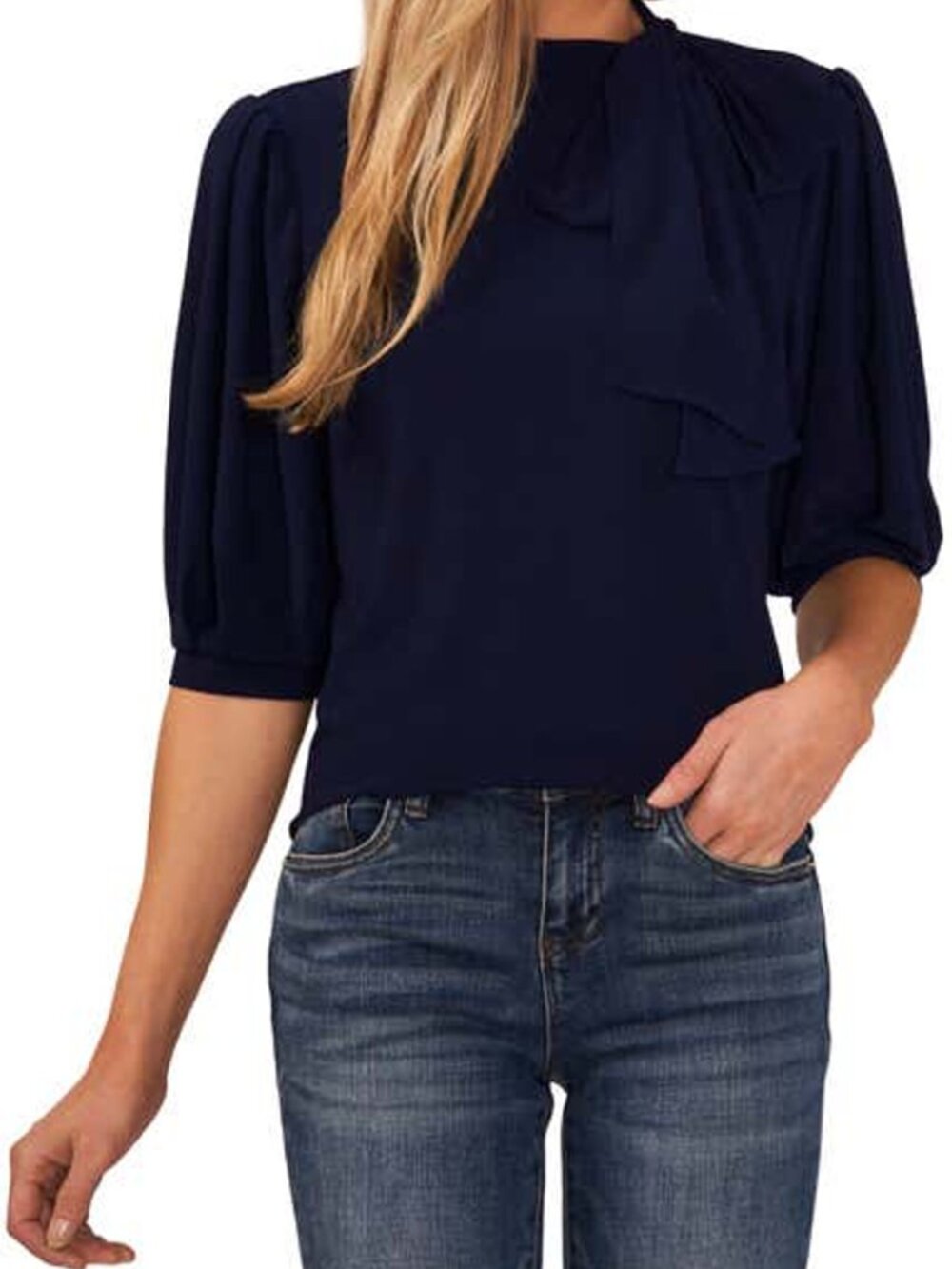 CeCe Navy Short Sleeve Tie Neck Keyhole Work Office Blouse Medium